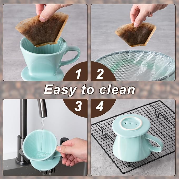 Pour Over Coffee Maker, Pour Over Coffee Dripper with 3 Holes Flat Bottom, Ceramic Drip Coffee Pour Over, Coffee Accessories for Travel, Camping, Office, Home(Green)
