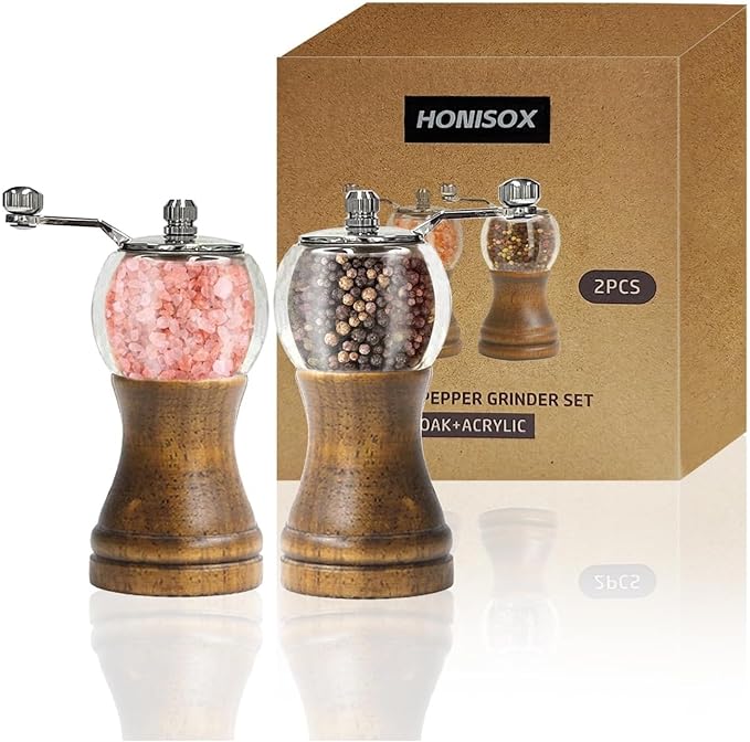 Pepper Mill Classical Roast Black Manual Wood Pepper Grinder Set, Zinc Alloy Handle Shakers Adjustable Coarseness Retro Style Wood Salt & Pepper Mill Sets，Enjoy Fresh Pepper (2pcs-5in)