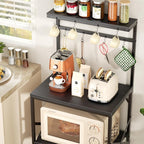 Kitchen Bakers Rack with Storage Shelves, Small Coffee Bar Cart with 8 Hooks, 4 Tiers Microwave Stand Station with Adjustable Shelves, Freestanding Kitchen Appliance Organizer, Black