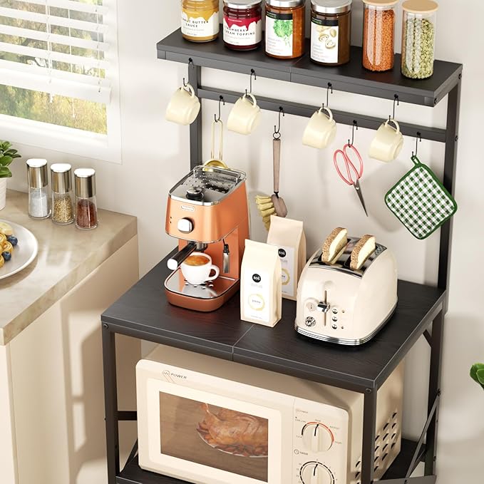 Kitchen Bakers Rack with Storage Shelves, Small Coffee Bar Cart with 8 Hooks, 4 Tiers Microwave Stand Station with Adjustable Shelves, Freestanding Kitchen Appliance Organizer, Black