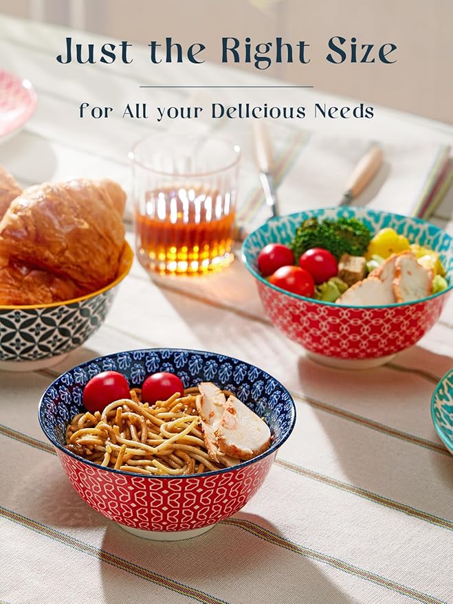 DOWAN Mosaian 33 OZ Large Bowl Set of 6 - Ceramic Deep Bowls for Ramen, Pasta, Salad - Vibrant Patterned Porcelain Bowls for Kitchen Decor & Housewarming Gift - Dishwasher & Microwave Safe