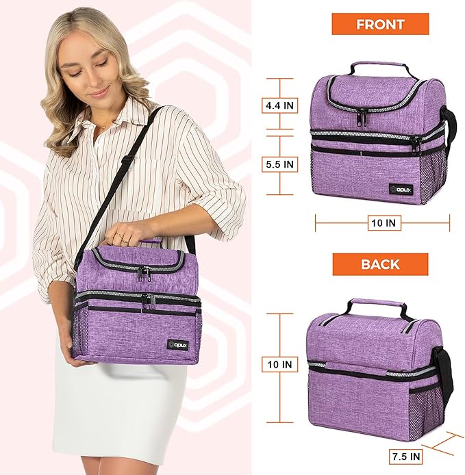 OPUX Lunch Box For Women, Insulated Large Lunch Bag Adult Work, Double Decker Lunchbox Meal Prep, Dual Compartment Leakproof Lunch Cooler, Soft Lunch Pail Tote for Girls Kids School (Purple 16 Cans)