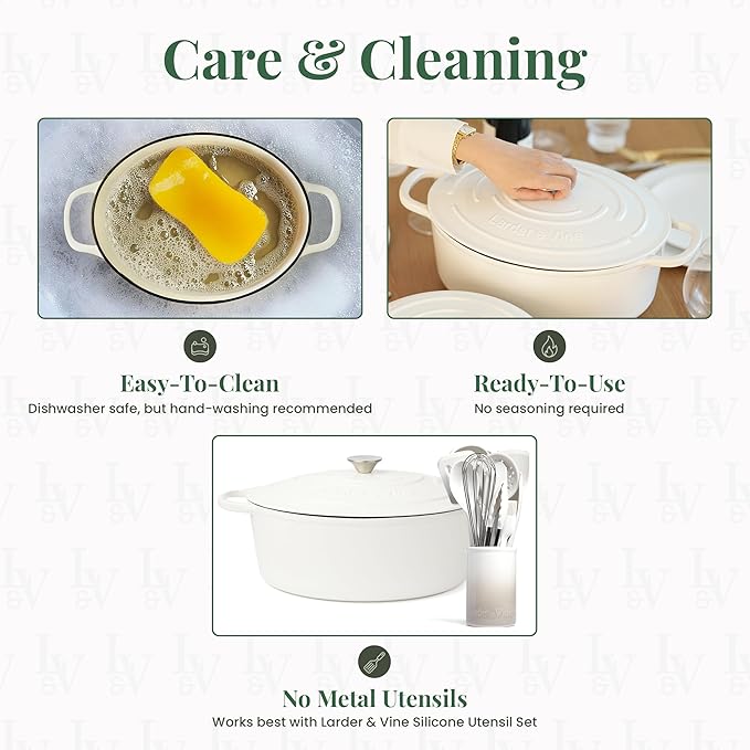 Larder & Vine Enameled Cast Iron 8 qt Dutch Oven Pot with Lid | Bread Baking | Compatible on All Cooktops & Oven Safe to 500° F | Great for Sourdough Bread | White