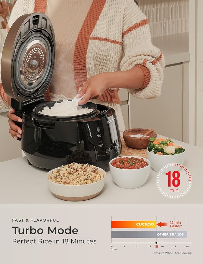 CUCKOO CRP-P0609S 6-Cup (Uncooked) / 12-Cup (Cooked) High Pressure Rice Cooker & Warmer with Nonstick Inner Pot, 12 Menu Options, Fuzzy Logic Tech, 3 Voice Guide, Auto Clean (Black/Copper)