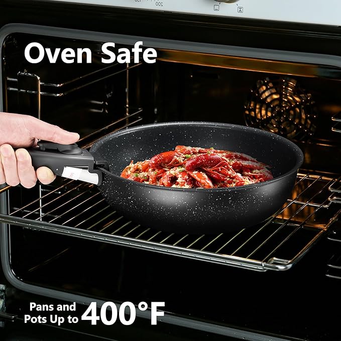 NEWBULIG 12-Piece Nonstick Kitchen Cookware Set, Pots and Pans with Detachable Handle, Induction Compatible, Dishwasher & Oven Safe, Space-Saving, Black