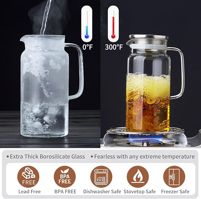 42OZ Glass Pitcher with Lid and Spout, Water Jug, 1250ml Carafe for Hot/Cold Water, Juice and Homemade Beverage, Large Iced Tea Pitcher for Coffee
