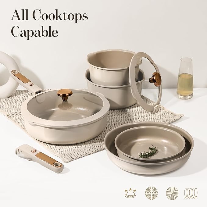 CAROTE 18Pcs Ceramic Cookware Set with Detachable Handle, Pots and Pans Set Non Stick, Non Toxic Cookware Set Removable Handles, Induction Kitchen Cookware Sets, Dishwasher/Oven Safe