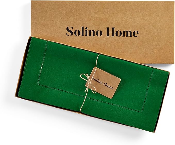 Solino Home Linen Garden Green Table Runner 132 Inches Long - 100% Pure Linen Extra Long Table Runner 14 x 132 Inch - Classic Hemstitch