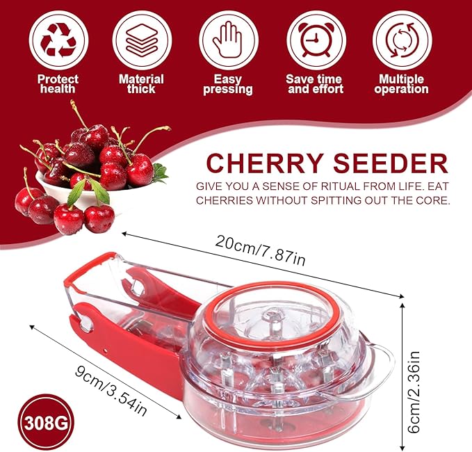Cherry Pitter, Multi Cherry Stoner, Stainless Steel Multiple Cherry Stone Remover Tool, Cherry Seed Remover, Cherry Stone Seed Removal Core Easy Squeeze with Grip 6 Cherries Red