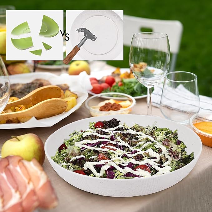 Salad Bowls 10inch Serving Bowls 65oz Large Salad Bowls Wheat Straw Bowls Set of 2 Wide and Shallow Plastic Salad Bowl for Kitchen Microwave & Dishwasher Safe.White