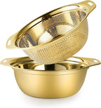 Colander 304 Stainless Steel 3-quart with Mixing Bowls, Strainer for Kitchen Food For washing vegetables, fruit, rice, Dishwasher Safe. (Gold 2PC)