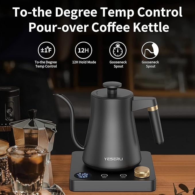 1200W Gooseneck Kettle with ±1℉ Temperature Control,Pour Over Electric Kettle for Coffee & Tea,Digital Display,4 Temp Preset,12H Keep Warm,100% Stainless Steel,Rapid Heating,1L,Matte Black