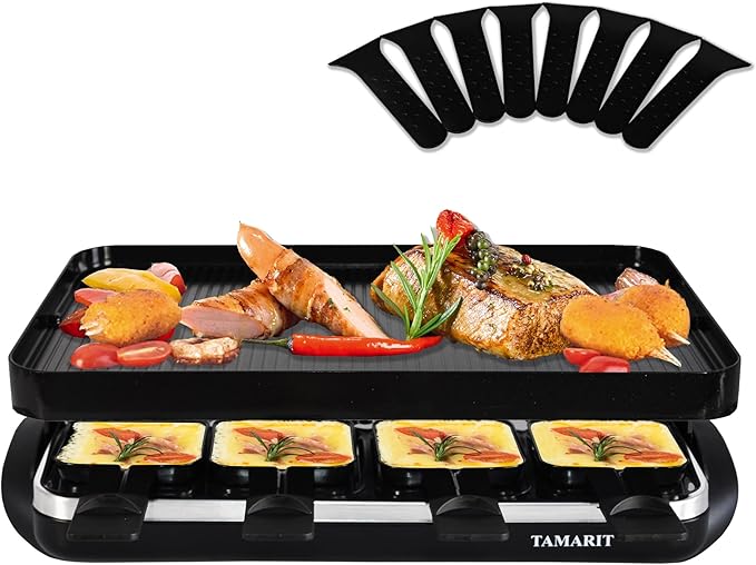 TAMARIT Classic 8 Person Raclette Grill 1500W Electric Tabletop Grill with Reversible Plate, 8 Non-Stick Raclette Trays & Spatulas Indoor Portable Korean BBQ Barbecue Grill, Party Grill Black