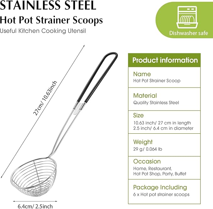 Geiserailie 6 Pieces Stainless Steel Hot Pot Strainer Scoops 2.5 Inch Mini Spider Strainer Skimmer Pasta Mesh Spoon Asian Skimmer Spoon Ladle with Handle for Home (Black)