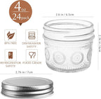 Amzcku 4 oz Glass Mason Jars with Regular Mouth Lids - 24-Pack Glass Canning Jars for Storage, Overnight Oats, Jam, Jelly, Honey, Beans, Spices, Wedding Favors, Shower Favors