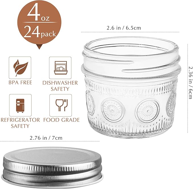 Amzcku 4 oz Glass Mason Jars with Regular Mouth Lids - 24-Pack Glass Canning Jars for Storage, Overnight Oats, Jam, Jelly, Honey, Beans, Spices, Wedding Favors, Shower Favors