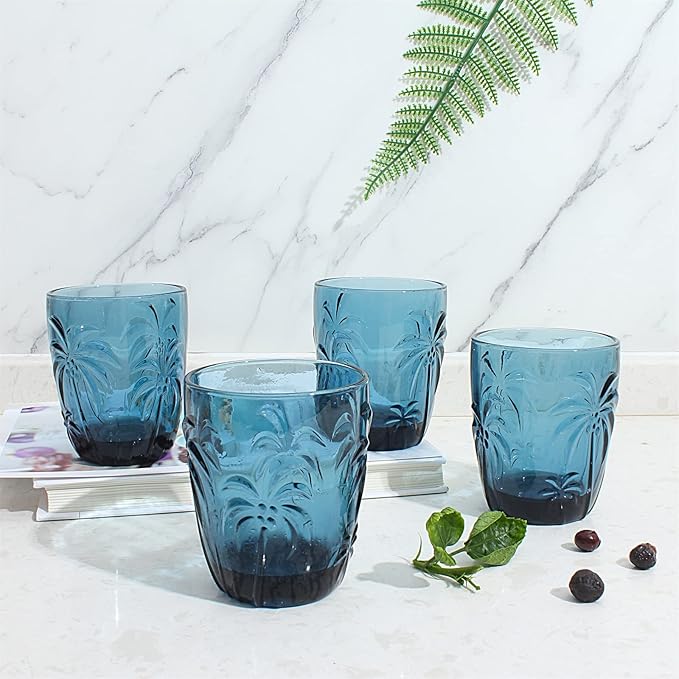M&N HOME Colored Whiskey Glasses, Set of 4 Colorful Drinking Glasses, 9 Oz Coconut Cups, Glass Tumblers, Glass Cups for Water and Juice, Tiki Cups, Tropical Themed Glassware Set - BLUE SET