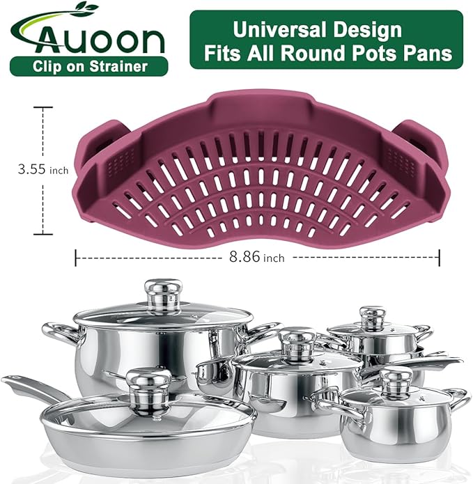 AUOON Silicone Clip on Strainer - Adjustable Strainers and Colanders for All Pots Pans and Bowls | Practical Kitchen Gadgets for Cooking and Draining (Cherry)