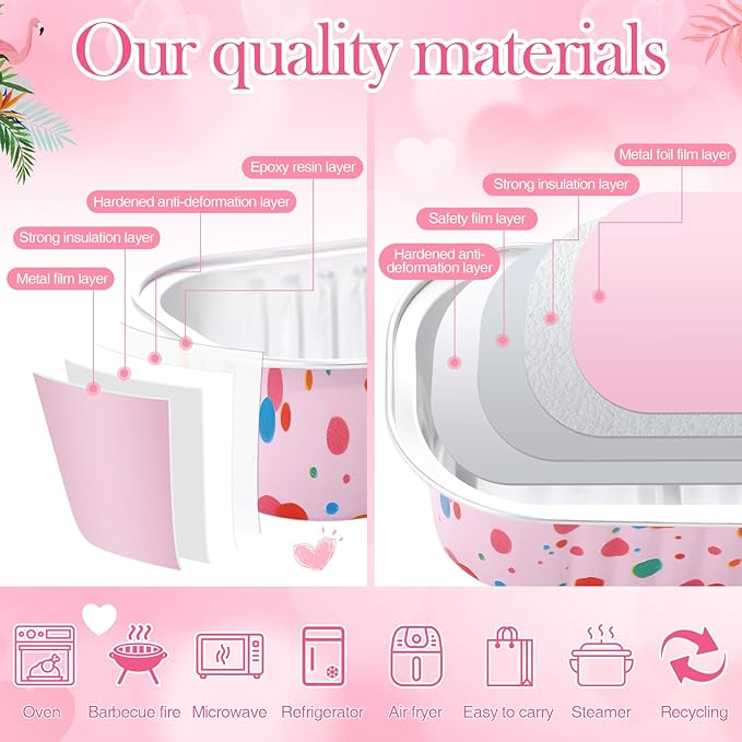 Tioncy 50 Pcs Mini Pink Loaf Pans with Lids Spoons Sticker Colorful Dots 6.8oz Disposable Rectangle Aluminum Foil Baking Pans Muffin Cupcake Cups for Picnics Wedding Birthday Baby Shower