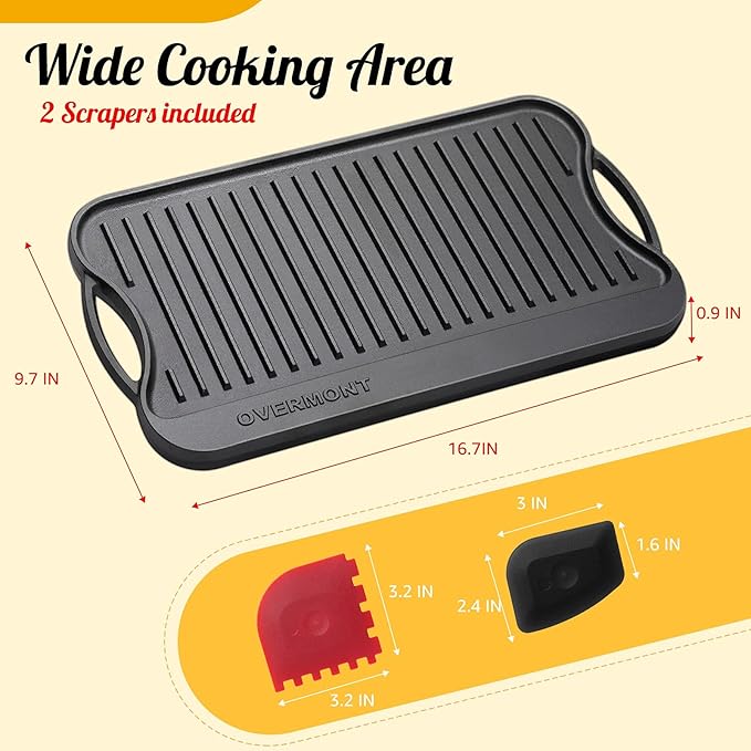 Overmont Pre-seasoned 17x9.8" Cast Iron Reversible Griddle Grill Pan with handles for Gas Stovetop Open Fire Oven, One tray, Scrapers Included