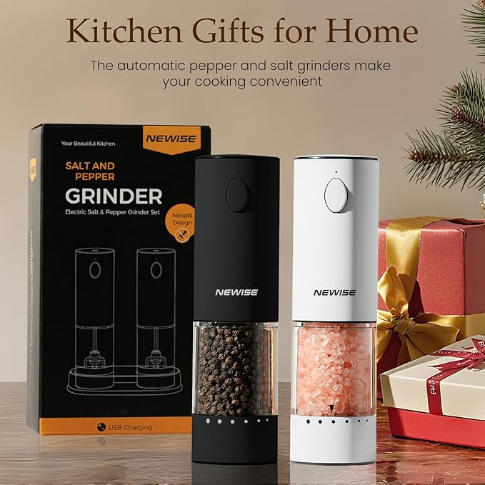 Electric Salt and Pepper Grinder Set, Rechargeable with LED Lights, Stainless Steel Automatic Pepper & Salt Mill, Adjustable Coarseness, Large Capacity, Black/White