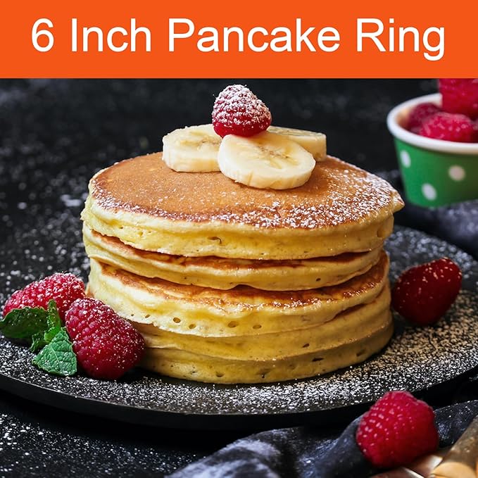 Pancake Ring for Griddle,2 Packs 6 Inch Egg Pancake Maker,Omelette Rings for Griddle,Non-stick Stainless Steel Crumpet Ring,Egg Muffin Rings Fried Egg Ring Pancake Shaper with Sinlicone Handle Grill