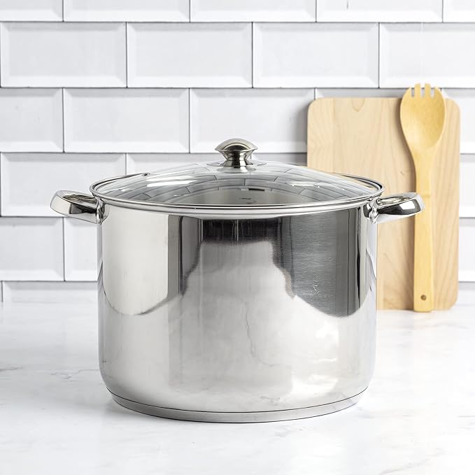 Ecolution Pure Intentions Stock Pot - Features Tempered Glass Lid, Keep Cool Handle, and Encapsulated Bottom - Oven Safe - Curbside Recyclable Stainless Steel - 16 Quarts