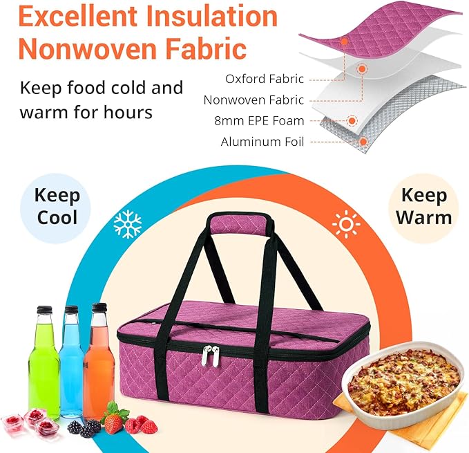 Lunch Bag - Large Insulated Casserole Carrier, Reusable Lunch Box for Men/Women, Insulated Lunch Bag Leakproof Lunchbox for Men Adults Work Picnic Hiking Beach(Pink) 17.12" x 11.42"x 4.53"