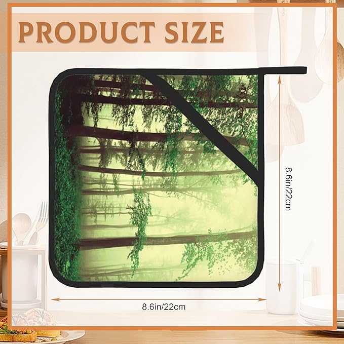 Misty Forest Pot Holders Set of 2, Kitchen Heat Resistant Fantasy Green TreePotholder for Microwave Cooking Baking Oven End Dishes and BBQ