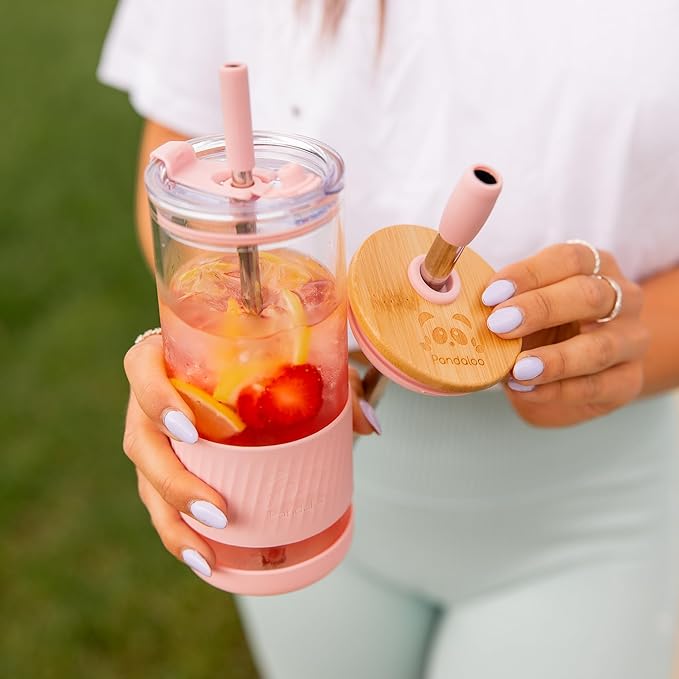 Pandaloo® Glass Cups With Lids and Straws -20 Fl Oz- Perfect Size Iced Coffee Cup - Smoothie Cup With Bamboo Lid and On the go Lid - Glass Tumbler (2 Count (Pack of 1), Lilac Rhapsody-Lilac Rhapsody)