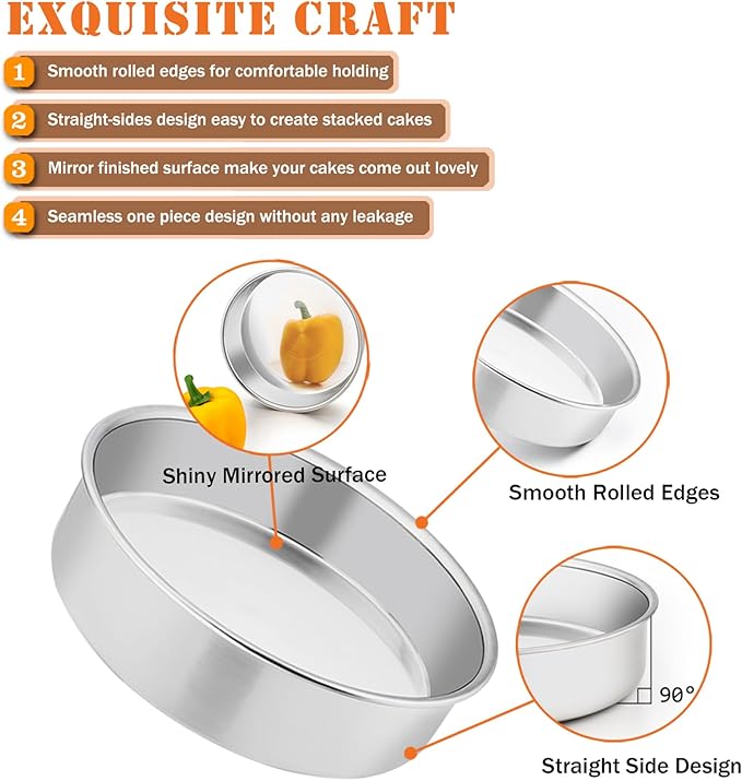 P&P CHEF Cake Pan Set of 4, Stainless Steel Baking Round Cake Pans Tins Bakeware for Birthday Wedding, Leak-proof & Easy Clean, Mirror Finish & Easy Releasing, 8 Inch