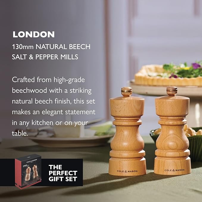 Cole & Mason London Refillable Spice Mill - Kitchen & Home Accessory - Salt & Pepper Grinder Set - Salt Mill with Ceramic Mechanism - Pepper Mill with Carbon Steel Mechanism - 5", Natural Beech
