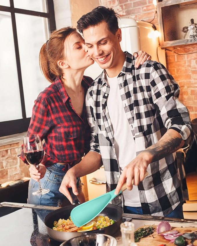 Cooking Spoon for Nonstick Cookwares, Great for Cooking and Serving Sturdy BPA-Free Matte Silicone, Wood Handle Spoon for Mixing, Scoop, and Scrape (GREEN)