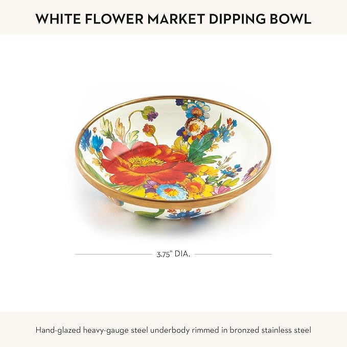 MACKENZIE-CHILDS Enamel Dipping Bowl, Small Serving Bowl for Entertaining, White Flower Market