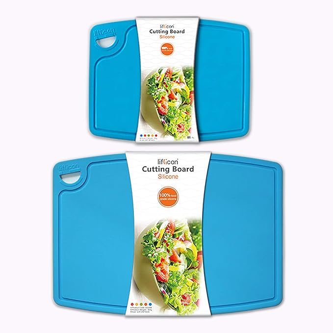 Thick Cutting Boards for Kitchen Silicone Chopping Board Set of 2 Mid 12.6'' x 9.1”,Mini 9.1”x7.1” Non-slip Deep Drip Juice Groove Easy Grip Handle,Dishwasher Safe-Blue