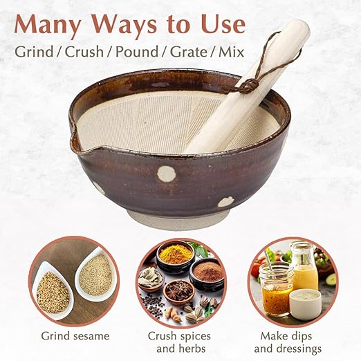 TIKUSAN Japanese Ceramic Ripple Ridge Mortar & Pestle Suribachi Bowl and Surikogi Set with Spout 7.1 inches Made in Japan (Brown)