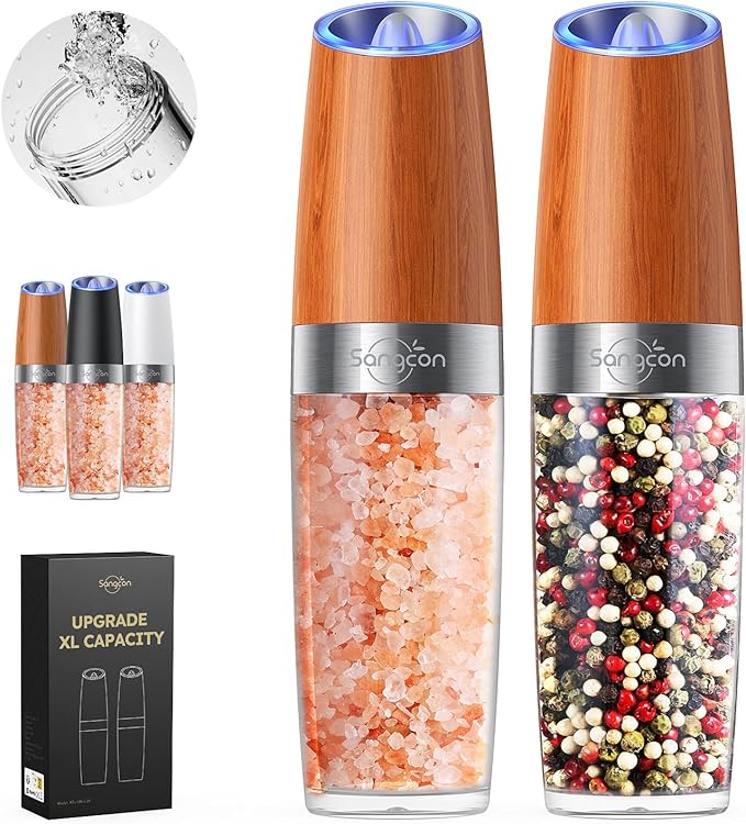 Sangcon Gravity Electric Salt and Pepper Grinder Set Battery Powered 𝐔𝐩𝐠𝐫𝐚𝐝𝐞𝐝 𝟗𝐨𝐳 𝐗𝐋 𝐂𝐚𝐩𝐚𝐜𝐢𝐭𝐲 Refillable Automatic Operation Adjustable Coarseness Mill Grinder Shakers Set