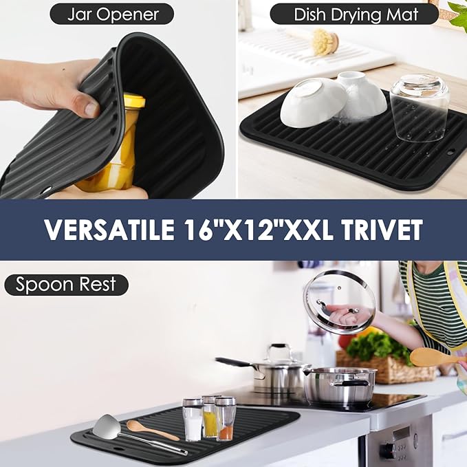 Black Silicone Trivet 16'' X 12'' Silicone Hot Pads for Kitchen Nonslip and Heat Resistant Hot Pads Trivets for Kitchen Quartz Countertops (Black)