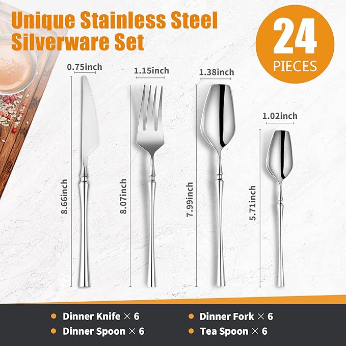 Lemeya 24-Piece Silverware Set for 6,Modern 18/10 Stainless Steel Flatware Set,Unique Rustic Cutlery Utensils Set,Spoon and Fork Set for Home, Restaurant,Wedding,Mirror Polished,Dishwasher Safe