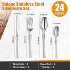 Lemeya 24-Piece Silverware Set for 6,Modern 18/10 Stainless Steel Flatware Set,Unique Rustic Cutlery Utensils Set,Spoon and Fork Set for Home, Restaurant,Wedding,Mirror Polished,Dishwasher Safe