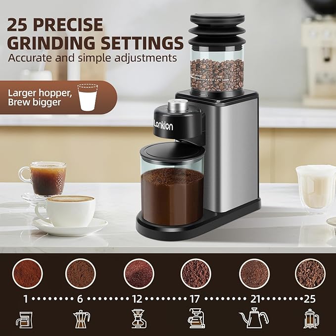 Coffee Grinder, Lonkion Conical Burr Coffee Grinder with 25 Grind Settings for 12 Cups, Home Use, Big Capacity Design, Stainless Steel