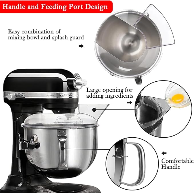 6Quart Stainless Steel Mixer Bowl with Handle for Kitchenaid Stand Mixers and Pouring Shield(Splash Guard) for Kitchenaid Stand Mixers