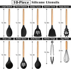 E-far Silicone Cooking Utensils Set, 10-Piece Black Kitchen Utensils Set with Wooden Handle for Nonstick Cookware, Heat Resistant Kitchen Nonstick Tools Spatula Whisk Tongs Ladle, Non-toxic & Healthy