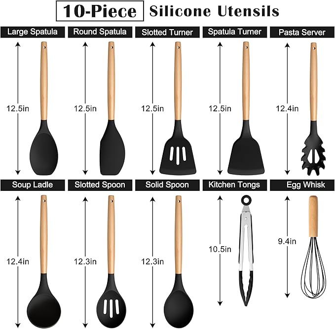 E-far Silicone Cooking Utensils Set, 10-Piece Black Kitchen Utensils Set with Wooden Handle for Nonstick Cookware, Heat Resistant Kitchen Nonstick Tools Spatula Whisk Tongs Ladle, Non-toxic & Healthy