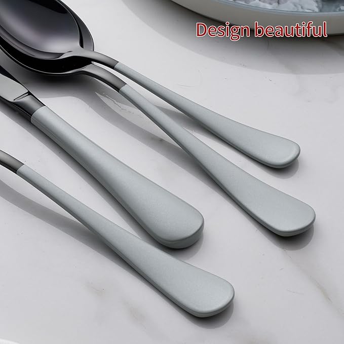 20-Piece Black Silverware Set 18/0 Stainless Steel Flatware Gray Handle Cutlery Set Service for 4 Dinner Knives Forks Spoons Set Mirror Finish Dishwasher Safe