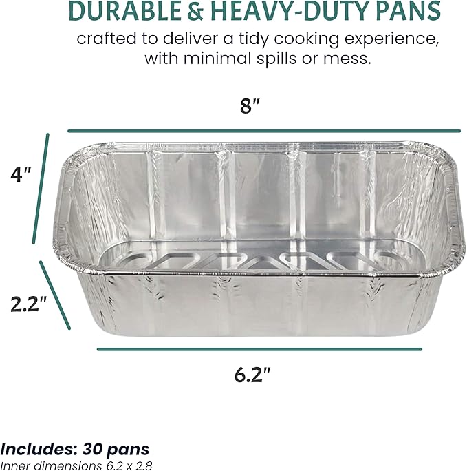 FUNSTITUTION Aluminum Foil Pans 8x4 Inches (30 Pack) - Tin Foil Pans with High Heat Conductivity - Disposable Aluminum Tray Cookware For Baking, Grilling, Cooking, Storing, Prepping