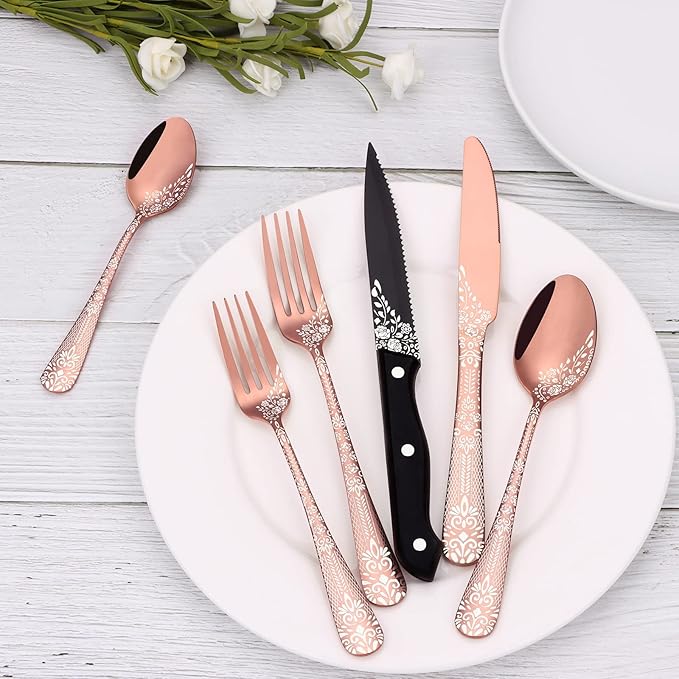 EUIRIO 48-Piece Rose Gold Silverware Set with Steak Knives, Flatware Set for 8, Stainless Steel Cutlery Set, Knives and Forks and Spoons Sets, Unique Pattern Design, Mirror Polish, Dishwasher Safe
