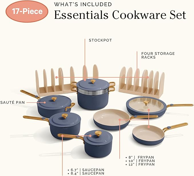 Our Place 17-Piece Essentials Complete Cookware Set - Ceramic Fry Pans, Saucepans, Sauté Pan, Stock Pot, Strainer Basket & Modular Storage | Thermakind™ Nonstick, Oven Safe up to 450°F | Blue Salt