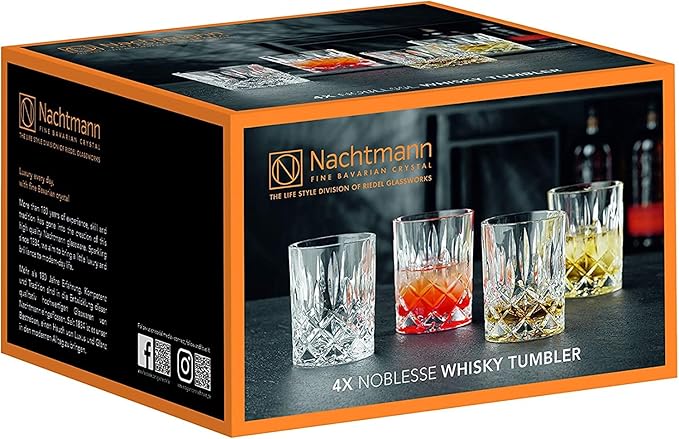 Nachtmann Noblesse Collection Whiskey Glass, Set of 4 Crystal Clear Glasses, 4-Inch Tumbler for Scotch, Cocktail, Liquor, or Bourbon, 10-Ounce, dishwasher safe