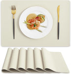 MOSAYT Vinyl Placemats Set of 6, Heat Resistant Place Mats 100% Waterproof Washable & Wipeable Faux Leather Reversible Table Mats for Kitchen Dining Party Indoor Outdoor, 12" x 17", Beige